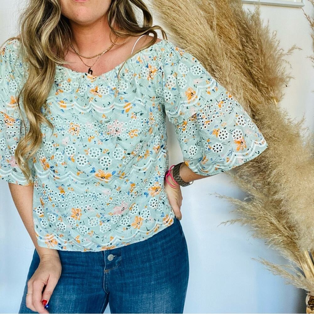 ANTHROPOLOGIE LAIA Blue Ashtabula Off Shoulder Top Floral Eyelet Lace Blouse M